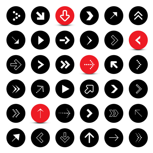 Pfeile gesetzt. Kreis-Vektorpfeile. Sammlung von Anwendungssymbolen mit unterschiedlichen Pfeilzeichen. schwarze und rote Pfeile. - Vektor, Bild