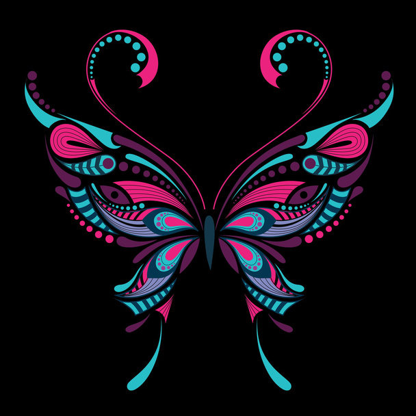 Patterned colored butterfly. African / indian / totem / tattoo design. It may be used for design of a t-shirt, bag, postcard and poster. - Vektor, Bild