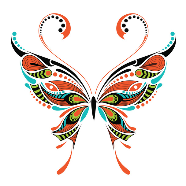 Patterned colored butterfly. African / indian / totem / tattoo design. It may be used for design of a t-shirt, bag, postcard and poster. - Вектор,изображение