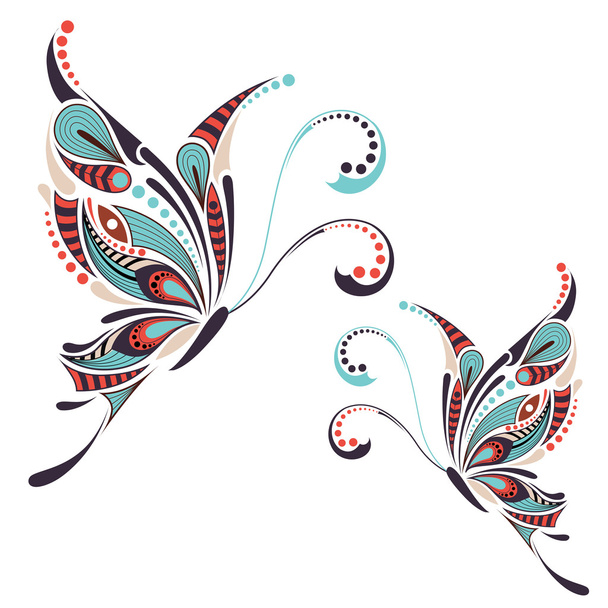 Patterned colored butterfly. African / indian / totem / tattoo design. It may be used for design of a t-shirt, bag, postcard and poster. - Vector, Imagen