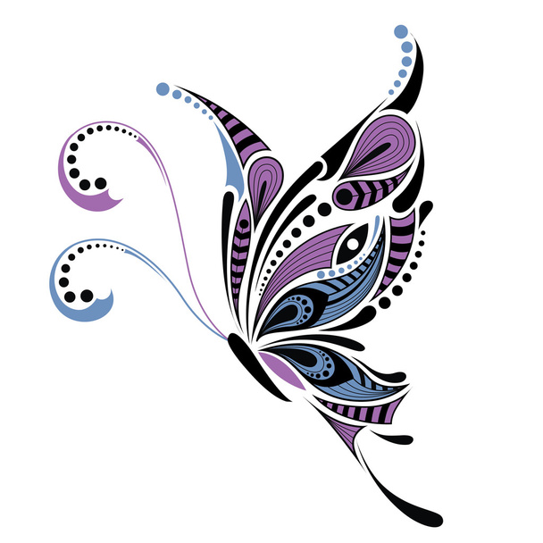 Patterned colored butterfly. African / indian / totem / tattoo design. It may be used for design of a t-shirt, bag, postcard and poster. - Vector, Imagen