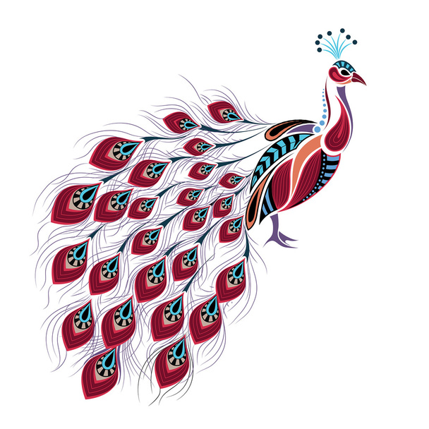 Patterned colored peacock. African / indian / totem / tattoo design. It may be used for design of a t-shirt, bag, postcard and poster. - Vektor, obrázek