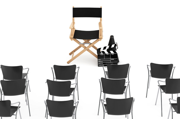 映画監督の椅子、映画クラッパーの前にオフィスの椅子、 - 写真・画像