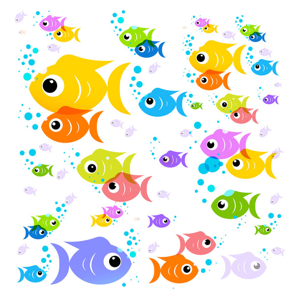 Ψάρια κινούμενα σχέδια. Διάνυσμα πολύχρωμα ψάρια. Επίπεδη σχεδίαση διαφανή κοπάδι ψαριών που απομονώνονται σε λευκό φόντο. - Διάνυσμα, εικόνα