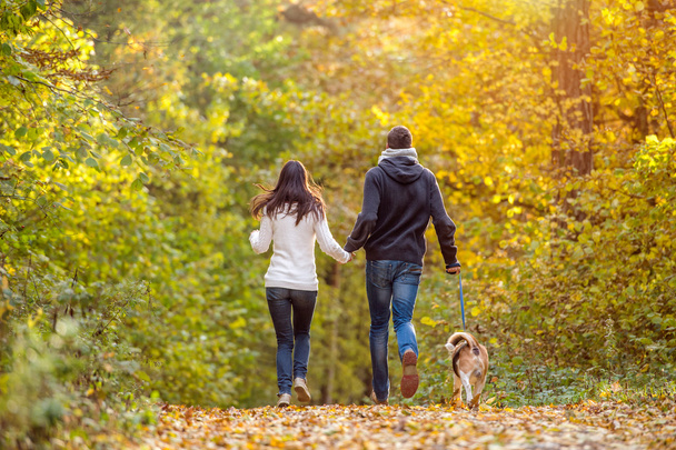 young couple running with dog  - Foto, Bild