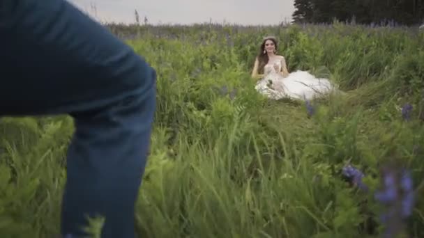 the bride and groom drinking champagne on picnic - Footage, Video