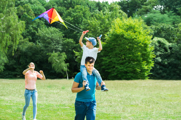 Family playing with kite in park - Foto, immagini