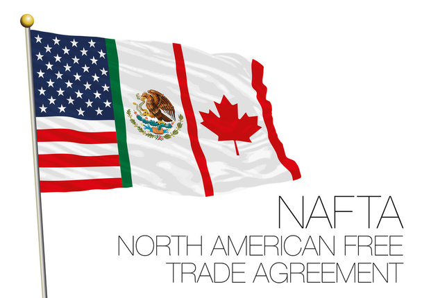 NAFTA, συμφωνία ελεύθερων συναλλαγών Βόρειας Αμερικής σημαία - Διάνυσμα, εικόνα