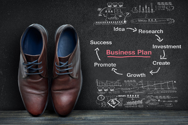 Business plan on black board and business shoes - Fotó, kép