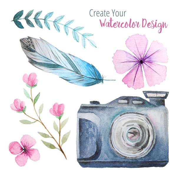 Set of watercolor vintage photo camera with flowers, branch and feather. Hand painted photo clip art perfect for logo design and DIY project. - Zdjęcie, obraz