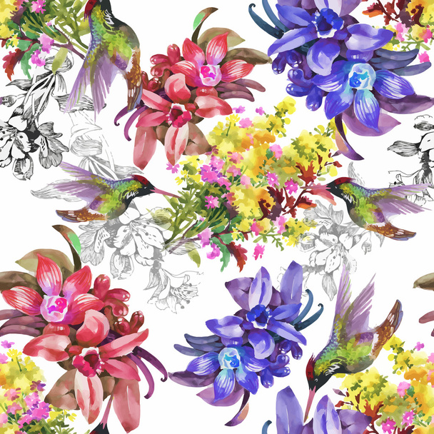 tropical summer flowers and exotic birds - Vector, afbeelding