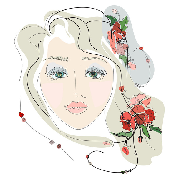 sketch of the face of a young girl with flowers - Vector, afbeelding
