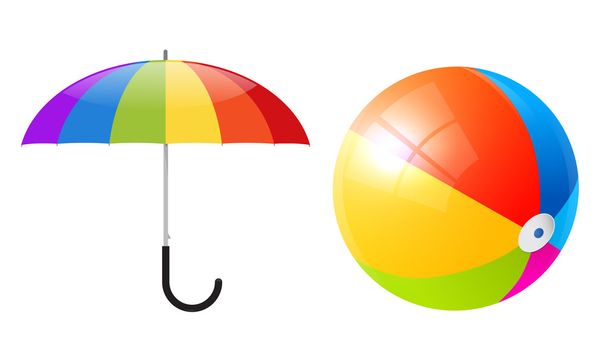 Vector Objects - Colorful Beach Ball and Umbrella or Parasol Isolated on White Background - Vector, Image