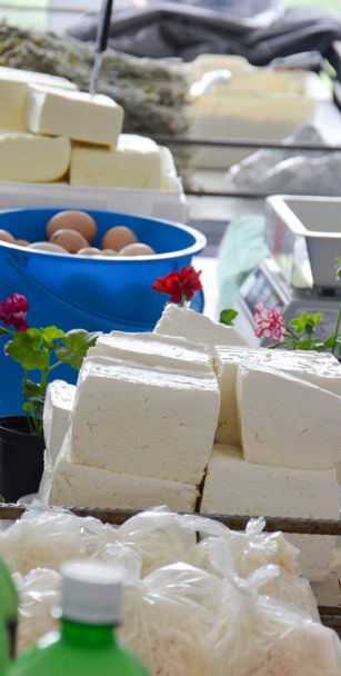 homemade produce of cheese for sale at farmer market - Photo, Image