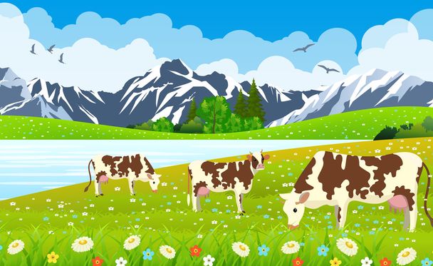 three cows in a landscape and farm. - Vector, Image