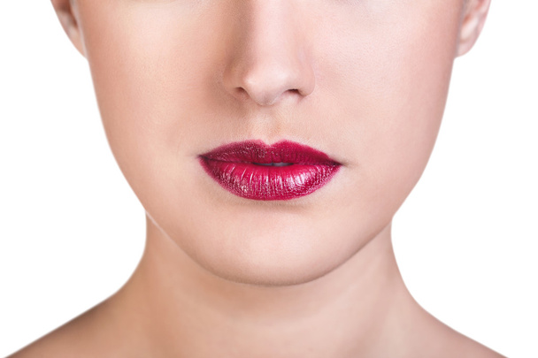Kırmızı parlak kadın dudaklar Close-Up - Fotoğraf, Görsel