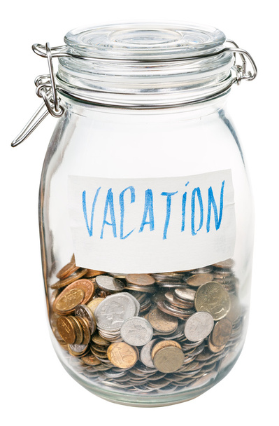 monete risparmiate per le vacanze in vaso di vetro chiuso
 - Foto, immagini