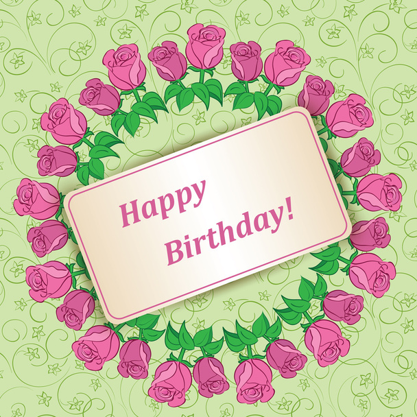 garland of roses on green floral background - vector happy birth - Vettoriali, immagini