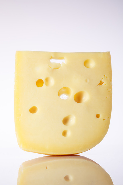 milk product. piece  cheese with big holes.a piece of cheese with the large holes on a light background with a gradient. alpinland. - Fotoğraf, Görsel