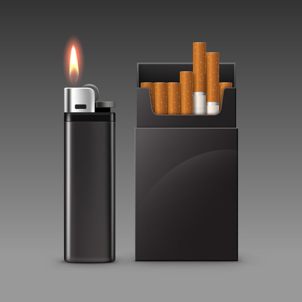 Plastikowe zapalniczki metalowe i paczka papierosów - Wektor, obraz