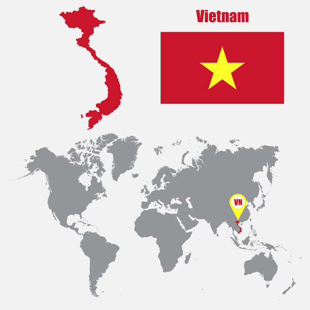 Vietnam mapa en un mapa del mundo con la bandera y el puntero del mapa. Ilustración vectorial
 - Vector, imagen