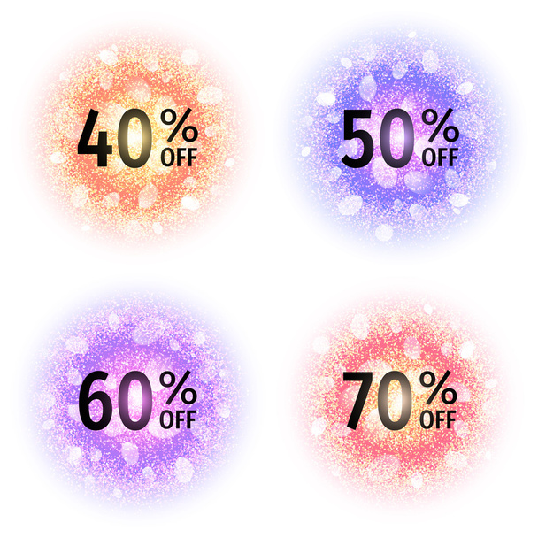 Discount banners on abstract round powder clouds set with dust particles isolated on white background. 40, 50, 60, 70 percent off above colorful circles with glow and bokeh effect. Vector illustration - Vector, imagen