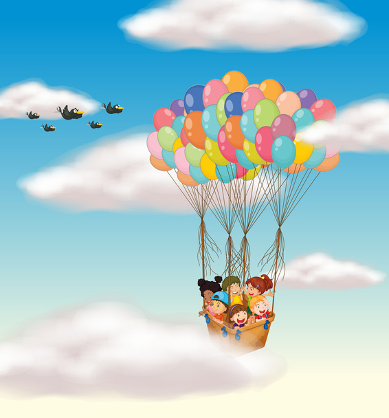 kids flying in basket - Vector, Image