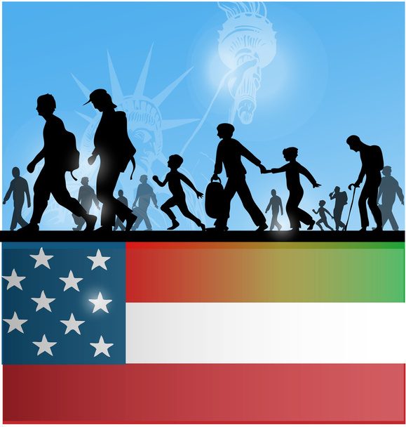 Amerikaanse volk immigratie achtergrond met vlag  - Vector, afbeelding