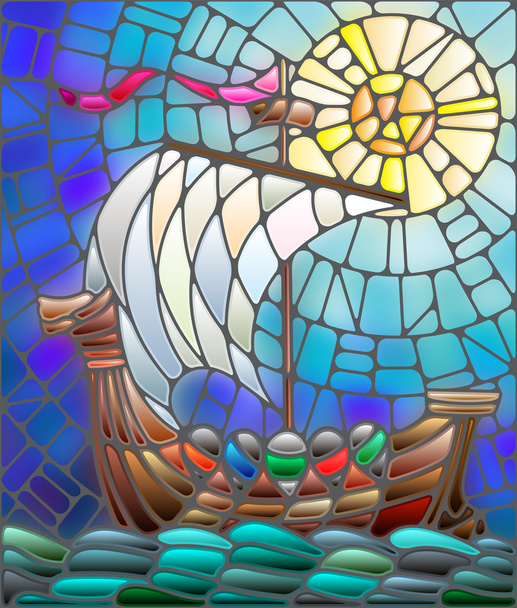 Illustration in stained glass style with antique ship against the sea, sky and sun - Vector, Image
