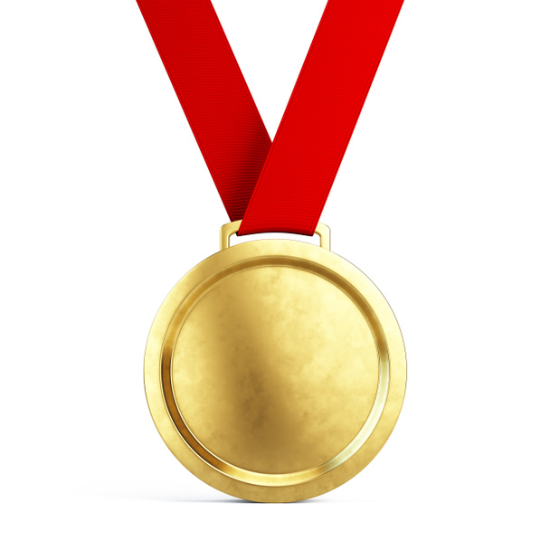 Золотая медаль с красной лентой на белом фоне
 - Фото, изображение