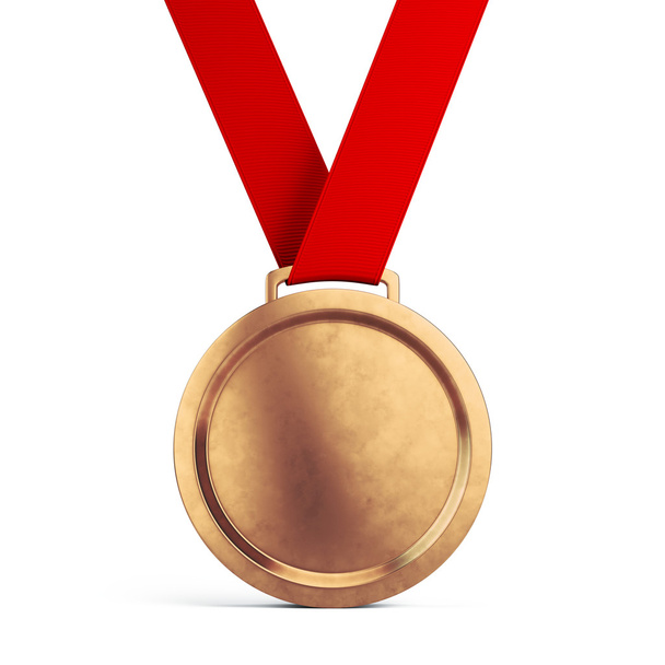Third place Bronze medal with red ribbon isolated on white background - Photo, Image