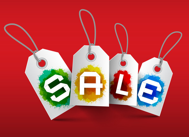 Sale Tags. Vector Business Labels with Strings and Colorful Splashes on Red Background. - Vector, Image