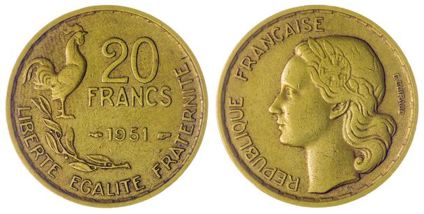 Moeda de 20 francos 1951 isolada sobre fundo branco, França
  - Foto, Imagem
