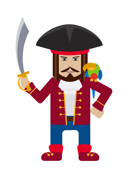 Pirate captain with parrot cartoon flat vector - Vetor, Imagem