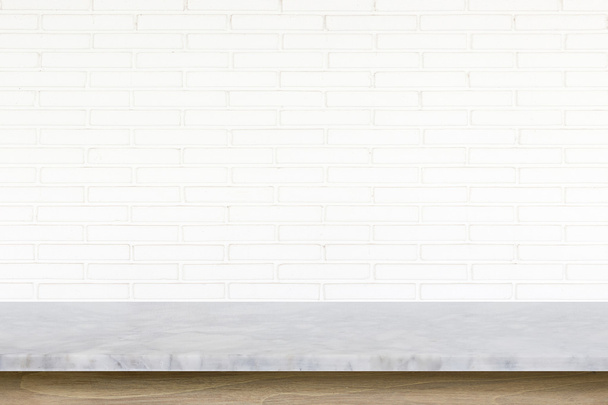 Empty top of stone table on white brick wall background - Zdjęcie, obraz
