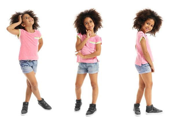 Collage of little cute girl having fun on white background. - Фото, зображення