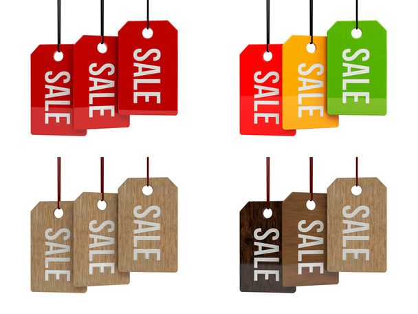 Price labels. Sale. SALE poster. Sale tag on color hanging labels. 3d illustration. - Foto, imagen
