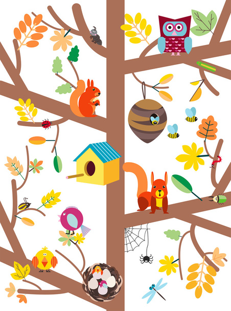 Φθινοπωρινό δέντρο με ζώα επίπεδη διανυσματικά εικονογράφηση - Διάνυσμα, εικόνα