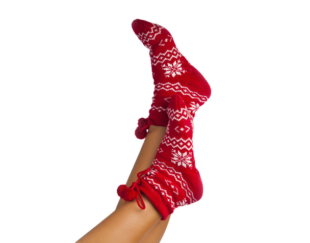 Láb hosszú női csíkos zoknit elszigetelt - Fotó, kép