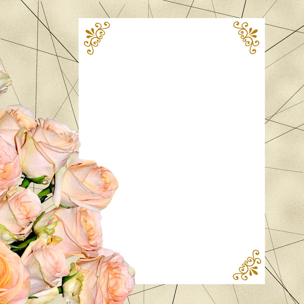 Vintage background with creamy roses and blank card - Фото, изображение