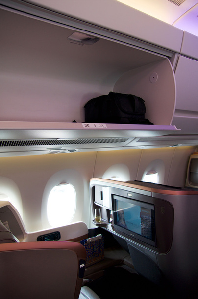 SINGAPORE - JULY 22, 2016: Business Class cabin and overhead bin - Photo, Image