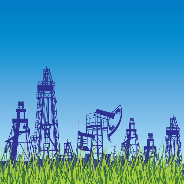 Ölplattform und Pumpe über blauem Hintergrund mit Gras. - Vektor, Bild