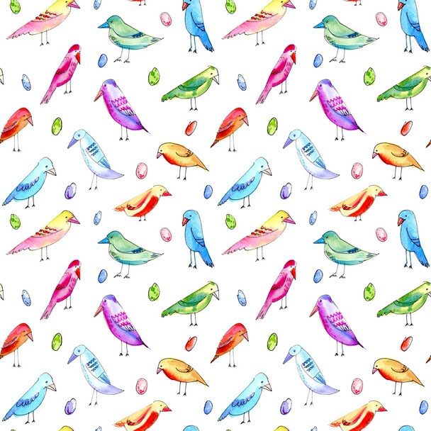 Seamless pattern with colorful birds and eggs. - Foto, imagen