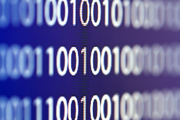  Kod binarny na monitorze komputera niewyraźne tło - Zdjęcie, obraz