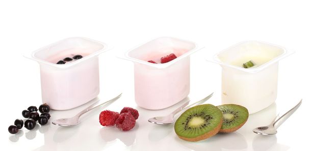 Yogurt with fruits and berries isolated on white - Fotoğraf, Görsel