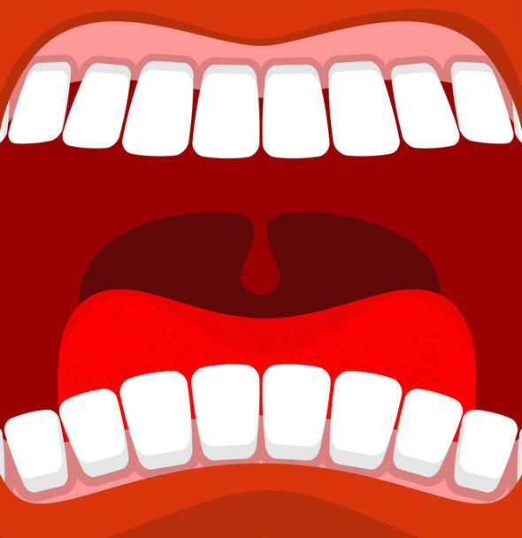 Nyitott szájjal. Vörös ajkak és fehér fogak. a nyelv és a torok - Vektor, kép