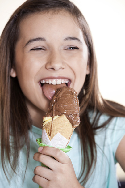 Girl Licking Delicious Chocolate Ice Cream - Photo, Image