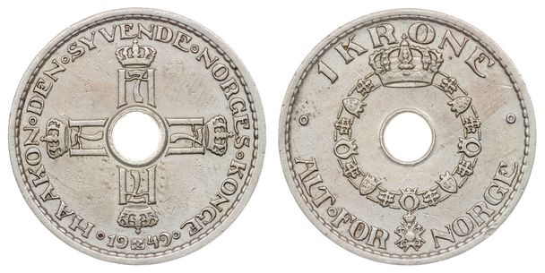 白い背景に、ノルウェーに分離された 1 クローネ 1949 コイン  - 写真・画像