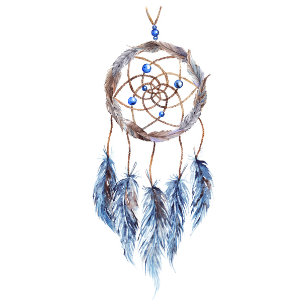 Watercolor ethnic tribal hand made feather dreamcatcher isolated - Photo, Image