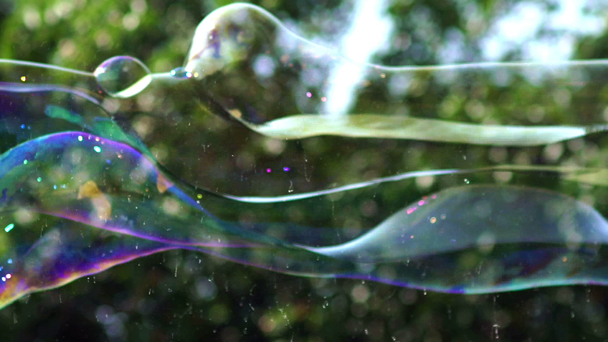 Vista de cerca de la gran burbuja de jabón largo colorido está volando en el parque
 - Metraje, vídeo